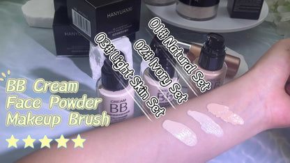 BB Cream Makeup Kit with Powder, Brush and Sponge in Three Exact Numbered Shade Options for Face Makeup