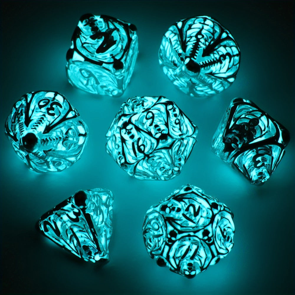 Metal Skull Dice Set 7pcs Glow in the Dark – Hollow UV Fluorescent Polyhedral DnD RPG Dice for Dungeon Masters, Skeleton Design Blue, Tabletop Gamer Gift Halloween Christmas Birthday