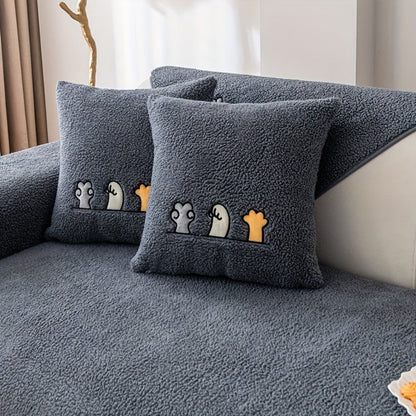 Sofa Cover Thick Plush Shearling Panels with Animal and Bone Embroidery and Non-Slip Feature for 2 to 4 Seats