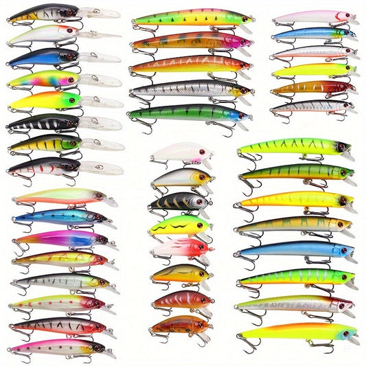 Fishing Lure Set 43-Piece Hard-Body Minnow and Crankbait Assortment with Treble Hooks, Mixed Sizes and Color Patterns