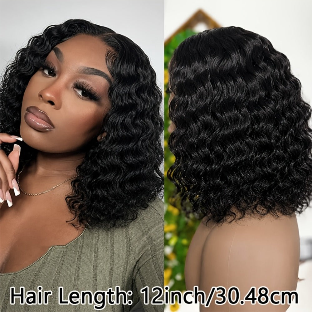 Lace Front Wig Deep-Wave Human Hair Bob, 12-Inch 1B or Natural Black with 4x4 Closure and 22.5-Inch Cap