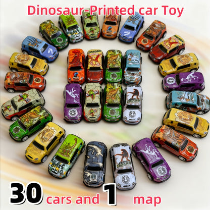 Dinosaur Toy Car Set 29-30pcs – Mini Pull Back Racing Cars with T-Rex Spinosaurus Pterodactyl Figures & City Traffic Map | Party Favors, Classroom Prizes, Birthday Gift for Boys & Girls Ages 3+