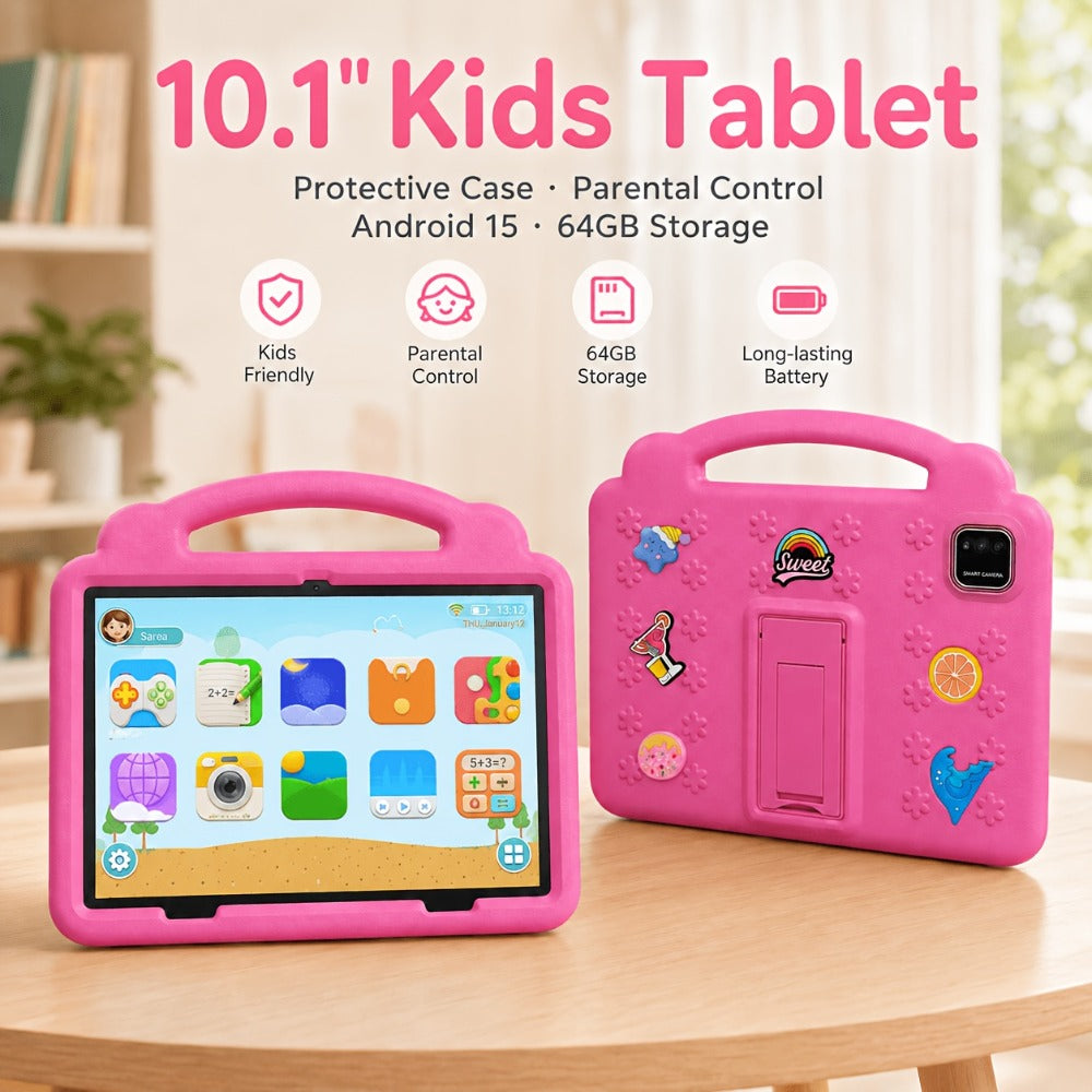 Kids Tablet 10.1 Inch with Android 15, 3GB RAM, 64GB Storage, 1TB Expansion, WiFi 6 and Case