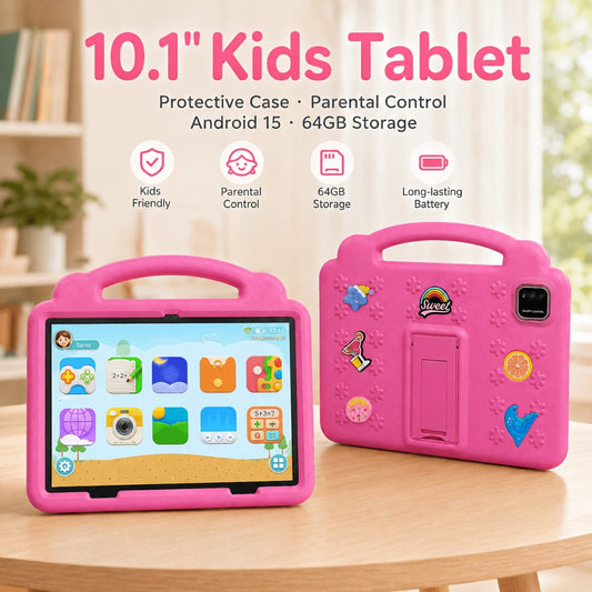 Kids Tablet 10.1 Inch Android 15 – 12GB RAM 64GB ROM Expandable 1TB, 6000mAh Battery, WiFi 6, 1280x800 IPS HD Screen, Dual Camera, Parental Controls, Pre-installed Games, Protective Case Included