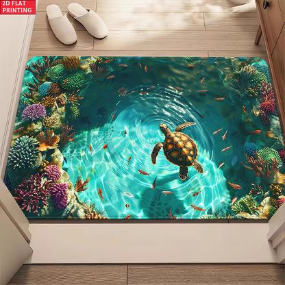 Sea Turtle Illusion Floor Mat with Tropical Reef Print in 15.75 x 23.62 or 19.68 x 31.49-Inch Sizes