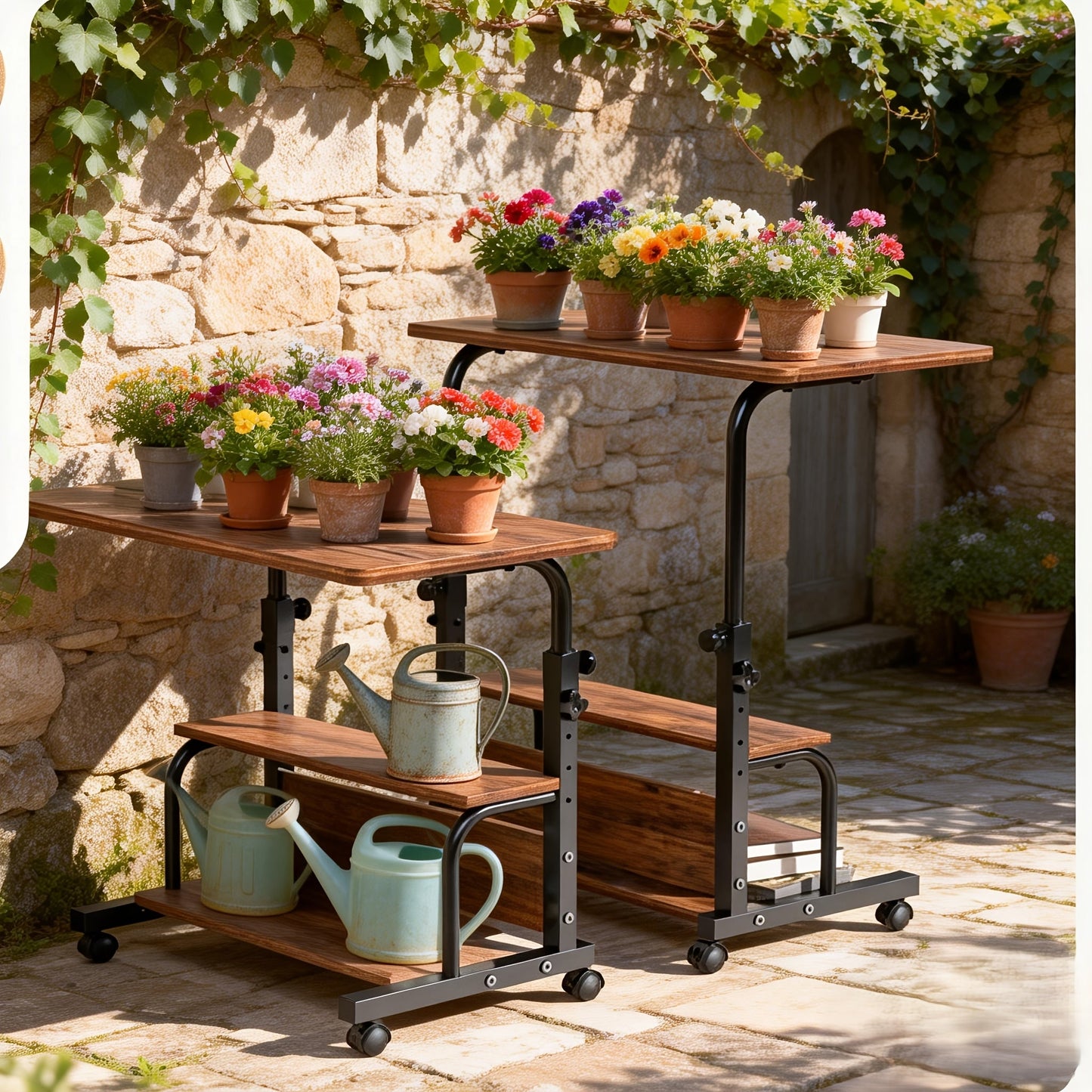 Two-Tier Mobile Garden Work Table with Wood-Look Top, Metal Frame, Storage Shelf and Locking Casters