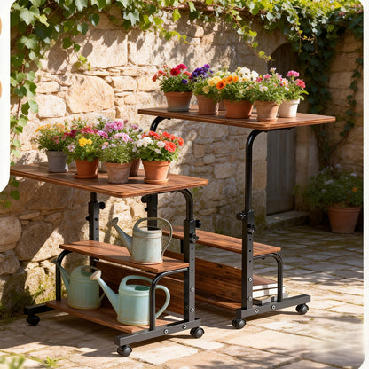 Two-Tier Mobile Garden Work Table with Wood-Look Top, Metal Frame, Storage Shelf and Locking Casters