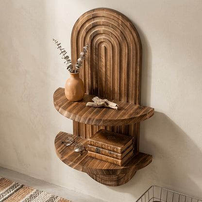 Two-Tier Bohemian Rainbow Arch Floating Wall Shelf in Log Color with Solid-Wood Display Platforms
