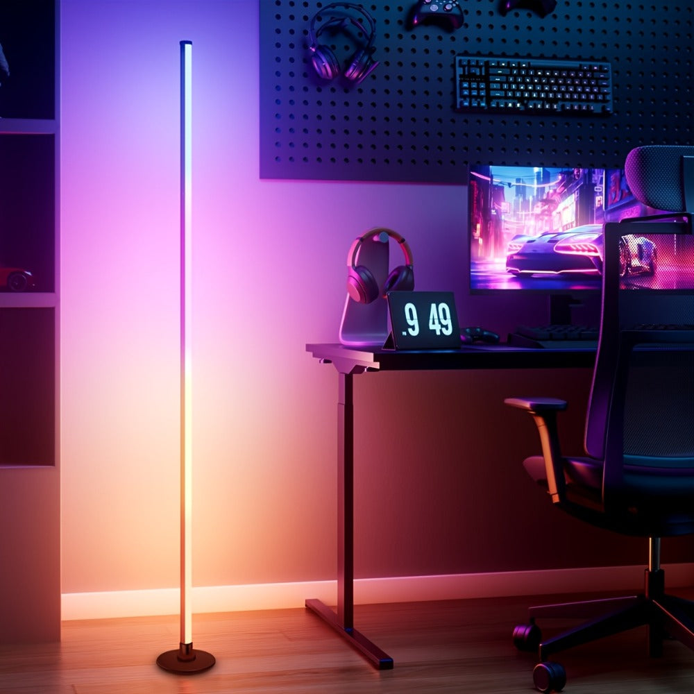 Slim RGB+IC Corner Floor Lamp with Segmented Light Bar, App and Remote Controls, Music Sync and One- or Two-Lamp Options