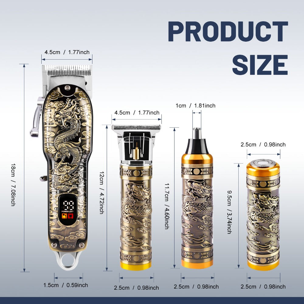 Dragon-Engraved Four-Tool Grooming Kit with Hair Clipper, Detail Trimmer, Nose Trimmer and Rotary Shaver