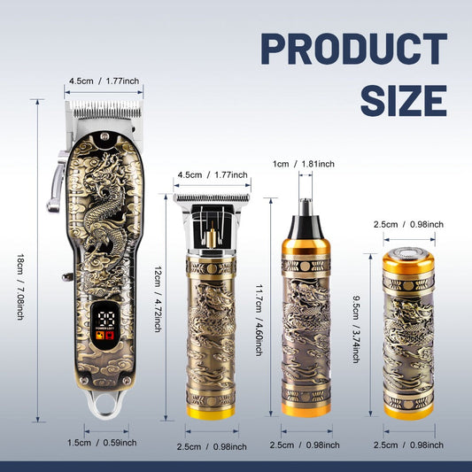 4-in-1 Men's Grooming Kit - Dragon Engraved Hair Clipper, T-Blade Trimmer, Nose Groomer & Shaver, 6000 RPM Motor, USB Rechargeable, LED Battery Display, Perfect Gift for Men