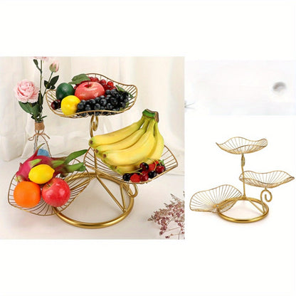 Three-Tier Golden Metal Wire Fruit Basket Stand with Lotus-Leaf Bowls, 46.5 cm Wide Countertop Design