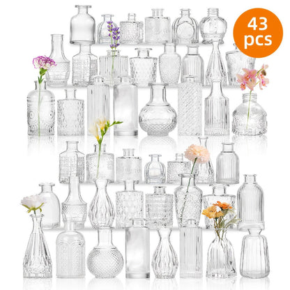 Party Decorations Clear Mini Bud Vase Set with 12, 30, 43 or 52 Mixed Shapes for Table Displays