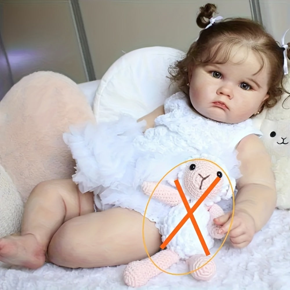 Reborn Baby Doll 24-Inch Cloth Body with Vinyl Limbs, Rooted Brown Hair, Acrylic Eyes and White Outfit Set