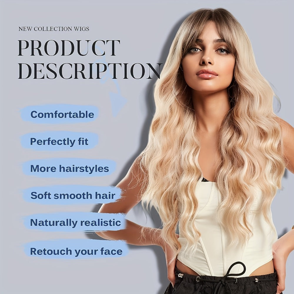 Synthetic Wig 26-Inch Light Golden Loose Waves with Bangs and Glueless Rose Net Cap for Daily Styling