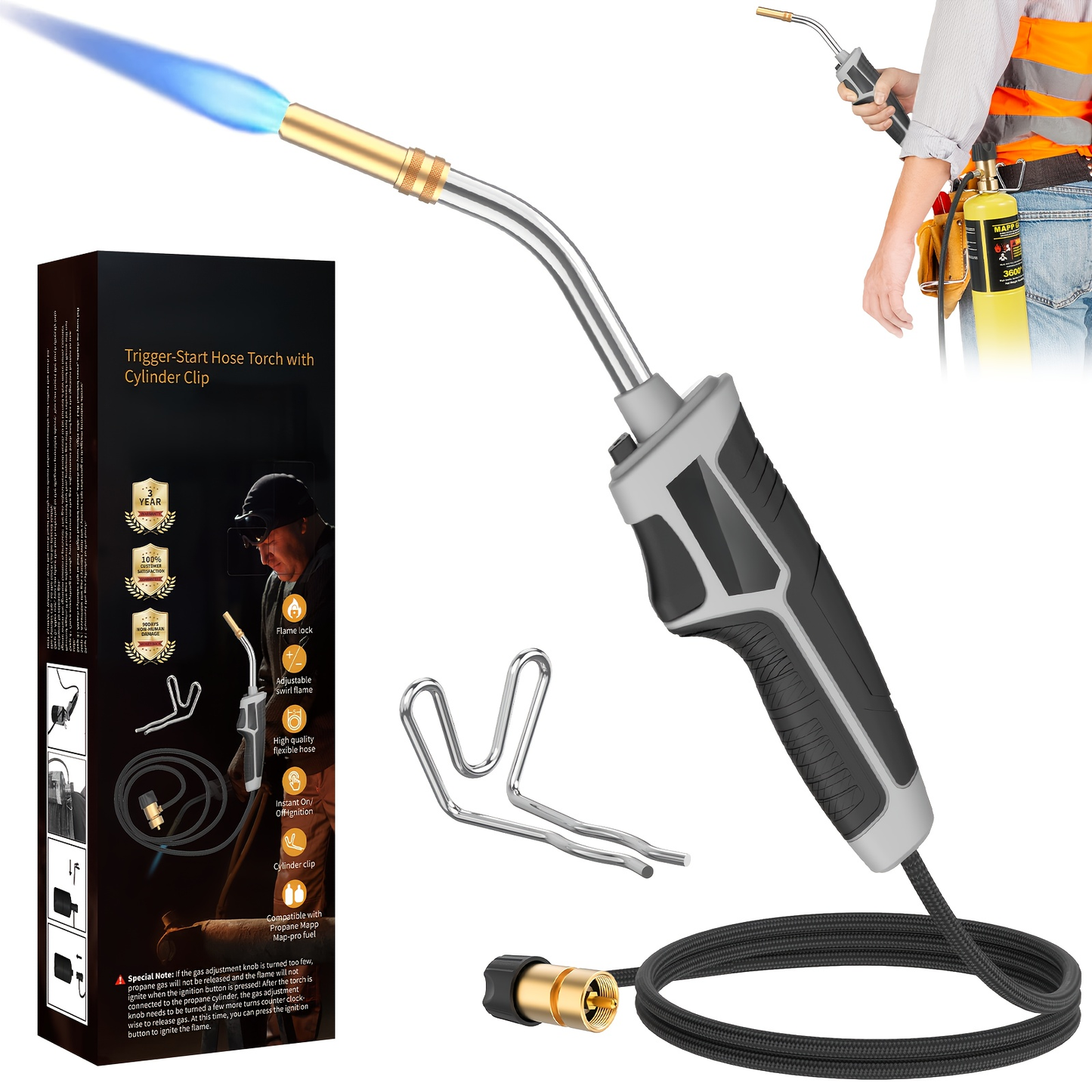 Torch Kit with Trigger Start Propane Torch Head, 5Ft Hose & Holster, Blow Torch for Brazing, Soldering, Welding, BBQ & Campfire, Propane Torch with Cylinder Clip Option (Cylinder Not Included)