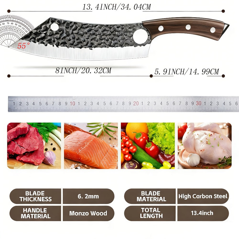 Wide 8-Inch Cleaver-Style Kitchen Knife with Finger Hole, Hammered-Look Blade and Wood-Tone Handle