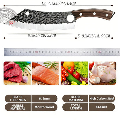 Wide 8-Inch Cleaver-Style Kitchen Knife with Finger Hole, Hammered-Look Blade and Wood-Tone Handle