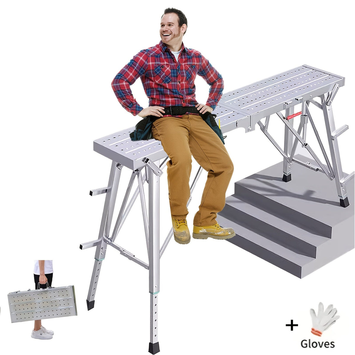 Adjustable Folding Scaffolding Work Platform, Portable Drywall Bench Step Ladder with Anti-Slip Feet & Safety Lock
