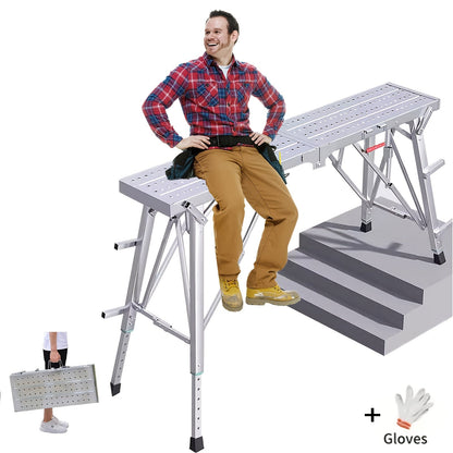 Adjustable Folding Scaffolding Work Platform, Portable Drywall Bench Step Ladder with Anti-Slip Feet & Safety Lock