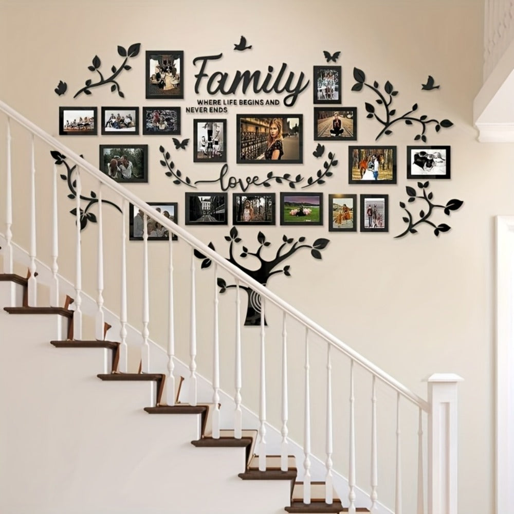 Family Tree Acrylic-Look Wall Decal and Photo Frame Collage with Leaf Shapes, Family and Love Text