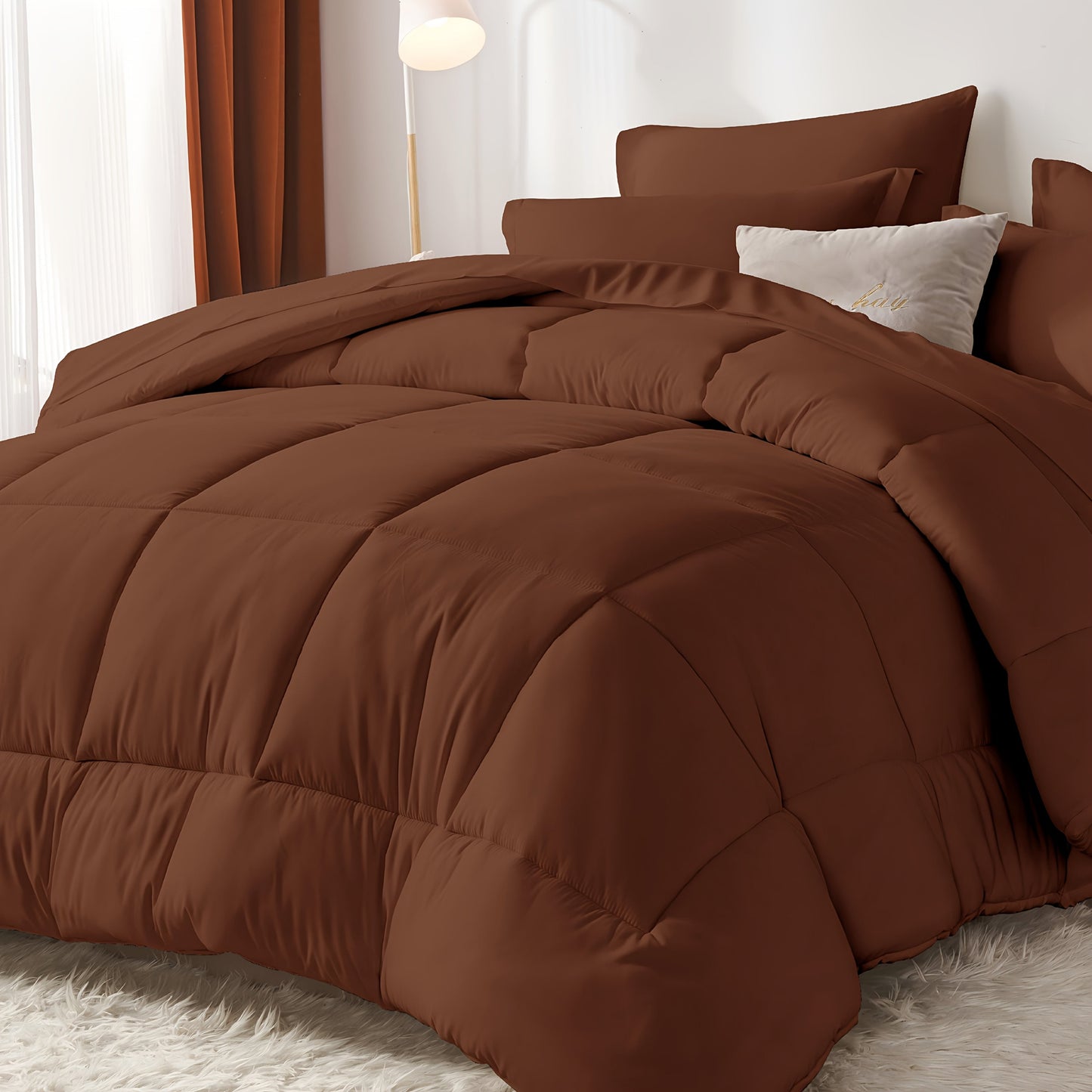 Comforter Set Soft Breathable Microfiber Bed in a Bag with Fitted Sheet Flat Sheet Pillowcases & Shams – All Season Fluffy Checkered Bedding Set Twin Full Queen King