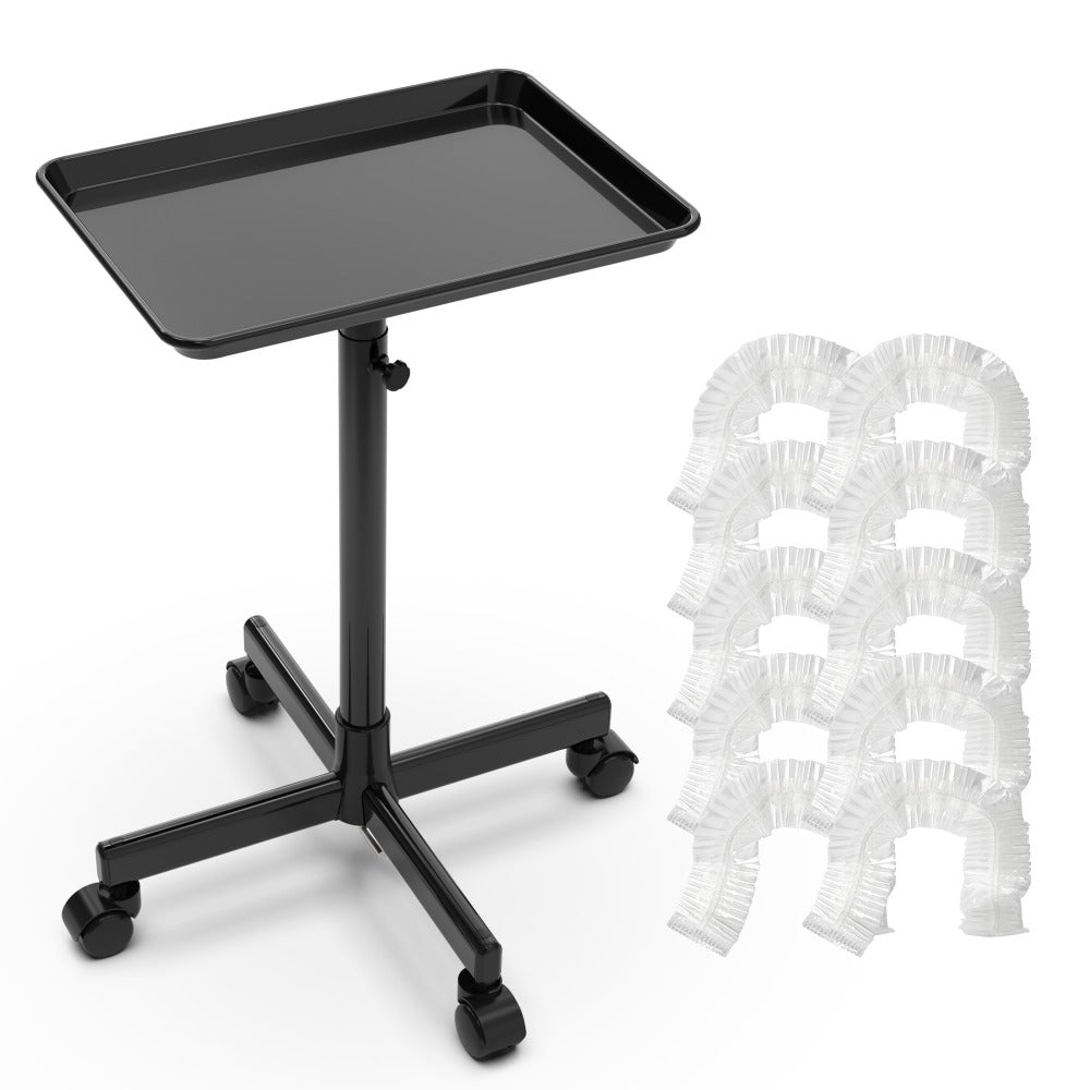 Black Adjustable Salon Tray Cart with 10 Disposable Covers, Rolling Casters and Removable Top Tray