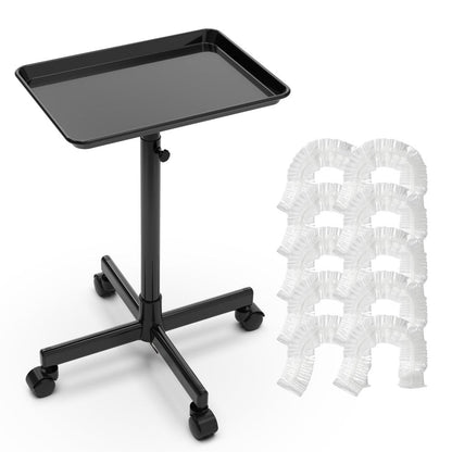 Black Adjustable Salon Tray Cart with 10 Disposable Covers, Rolling Casters and Removable Top Tray
