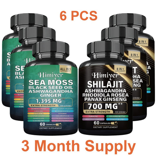 Sea Moss Shilajit Bundle 6-Pack 3-Month Supply with Black Seed Oil Ashwagandha Rhodiola Ginseng Ginger Turmeric - All-in-1 Adaptogen Complex for Energy Immunity & Vitality Men & Women
