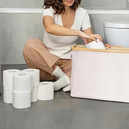 Enclosed Freestanding Toilet Paper Storage Bin with Fabric Sides, Bamboo-Look Rim and Fitted Lid in White
