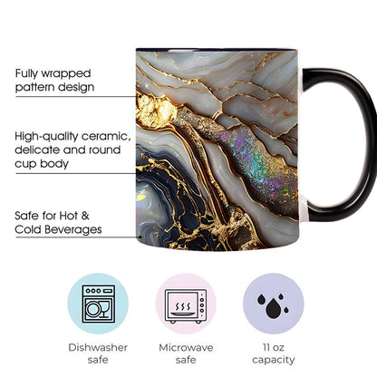 11oz Ceramic Coffee Mug with Agate Vein Print, Black Interior and Black, White or Pink Handle Options
