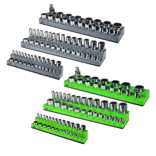 Magnetic Socket Organizer Set 6-Piece – Socket Holder Rails for 1/4", 3/8" & 1/2" Drive, Metric & SAE, Holds 143 Standard & Deep Sockets, Chrome Vanadium Steel, Fits Tool Box Drawer
