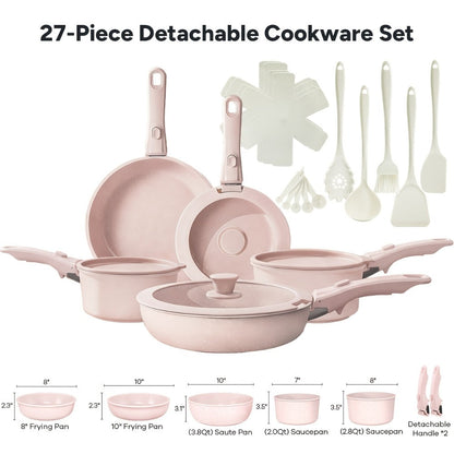 Cookware Set, 23- or 27-Piece Detachable-Handle Pots and Pans with Beige or Pink Finish, Induction, Oven and Dishwasher Use