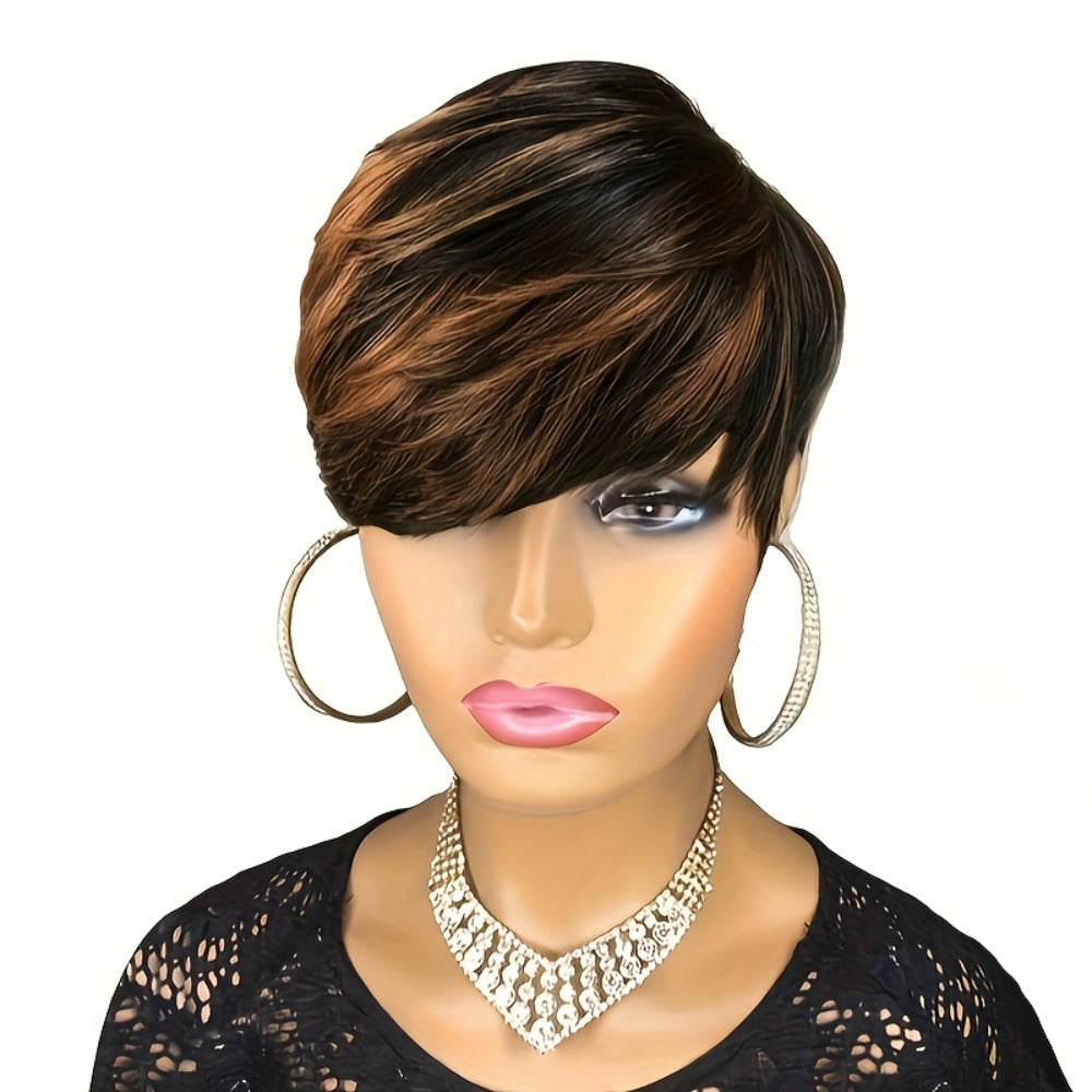 Synthetic Wig 10-Inch Bronze Ombre Pixie with Bangs, Straight Texture and Rose Net Cap for Daily Style