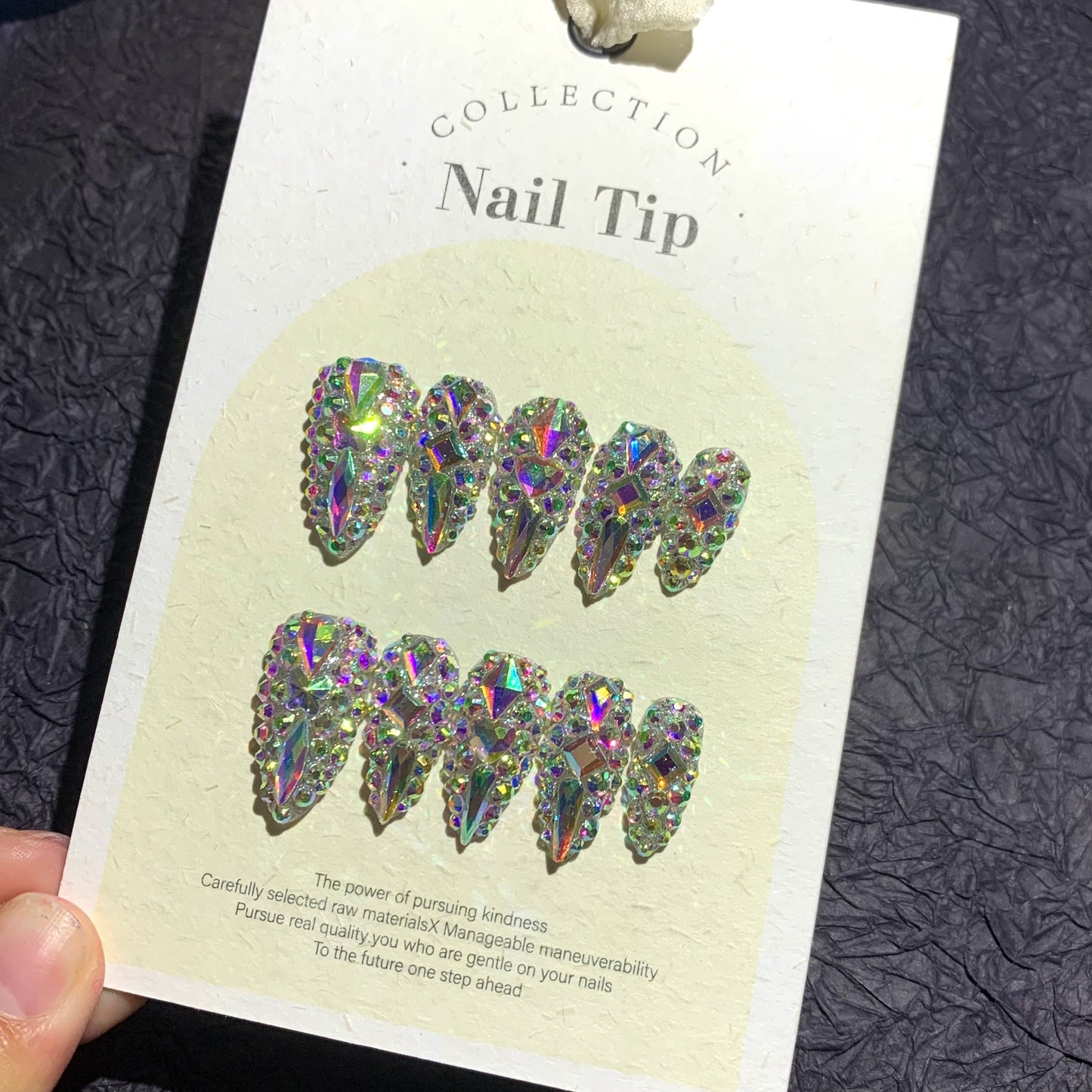 Press On Nails 10-Piece Medium Almond Glitter Color-Block Set with AB Crystal Rhinestones and Tool Kit