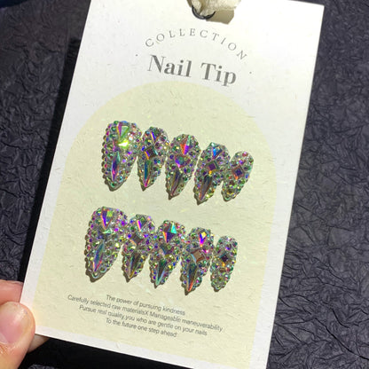 Press On Nails 10-Piece Medium Almond Glitter Color-Block Set with AB Crystal Rhinestones and Tool Kit