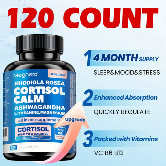 Ashwagandha Stress Relief Supplement Capsules with Rhodiola Rosea L-Theanine & Magnesium for Cortisol Balance Restful Sleep Mood Support & Burnout Recovery — 120 Capsules 4-Month Supply Women & Men