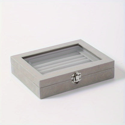 Jewelry Box with Locking Lid – 49-Ring Capacity Glass-Like Plastic Ring & Earring Organizer, Large Rectangular Storage Case, Waterproof Anti-Tarnish, 4 Colors, Holiday Gift