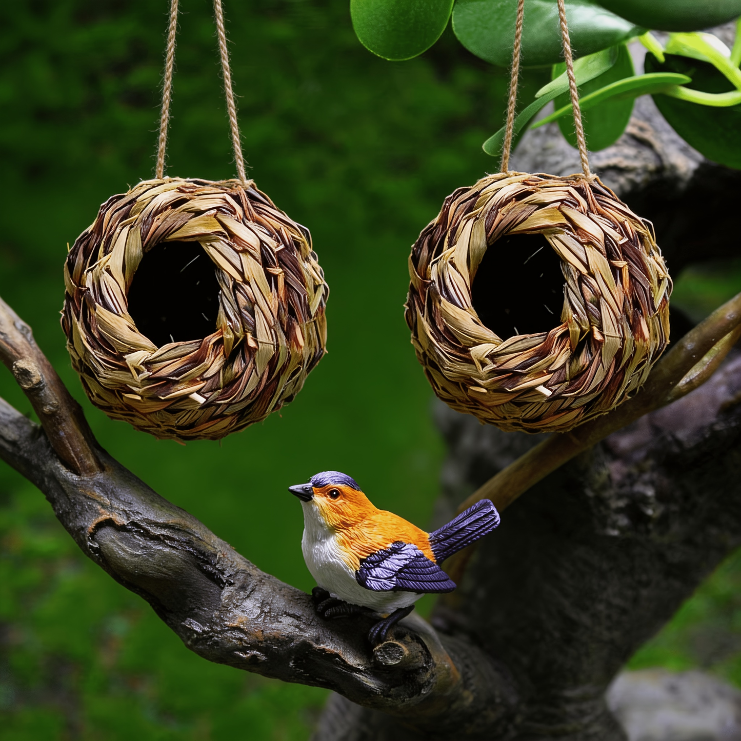 Two-Piece Woven Hanging Bird Nest Set with Round Openings and Optional Pair of Decorative Bird Figures
