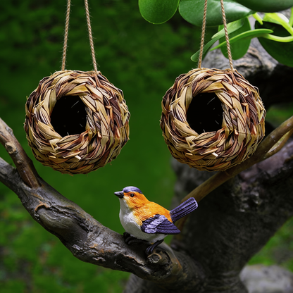 Two-Piece Woven Hanging Bird Nest Set with Round Openings and Optional Pair of Decorative Bird Figures