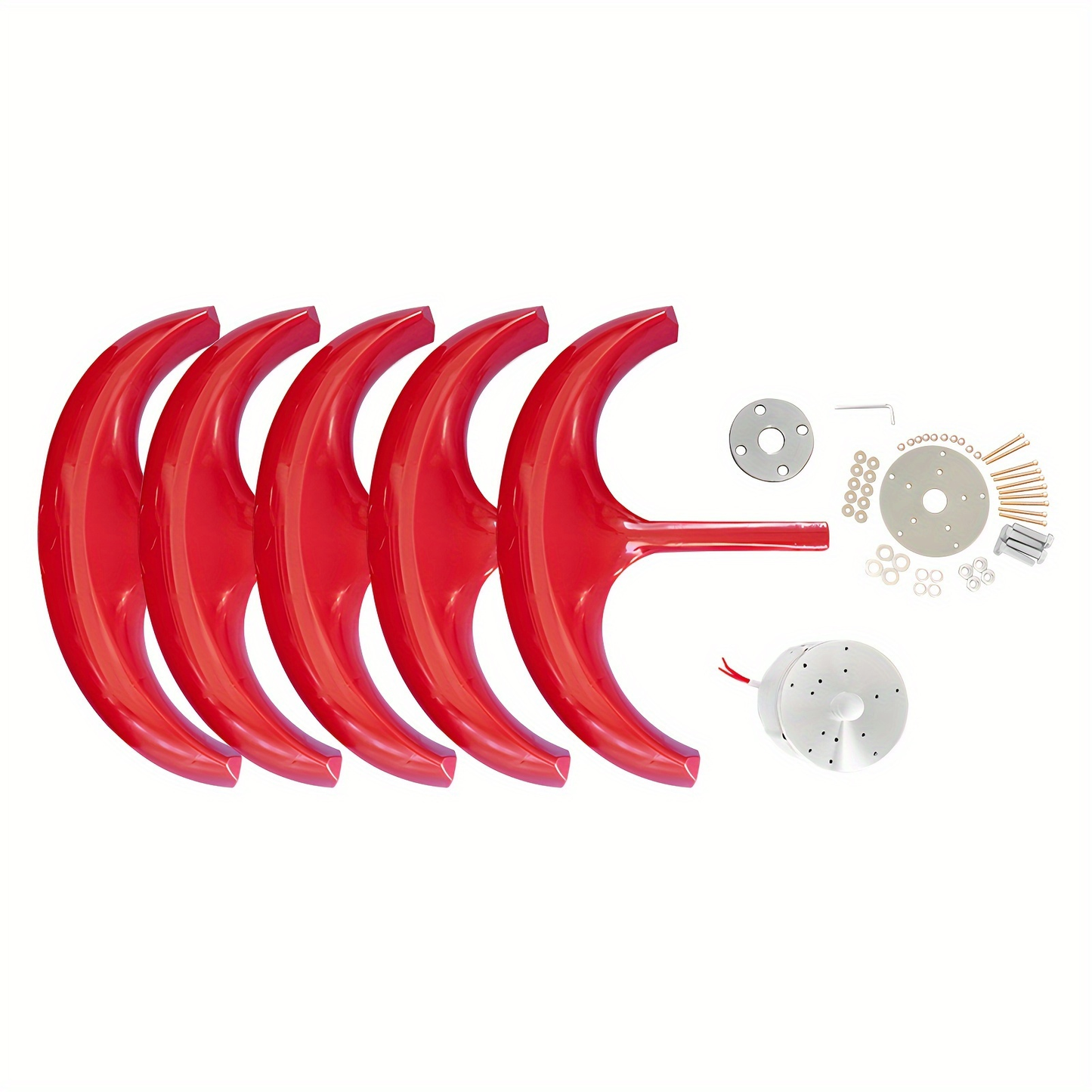 Red Vertical-Axis Wind Turbine Generator Kit with Curved Rotor Blades and Pictured Mounting Hardware