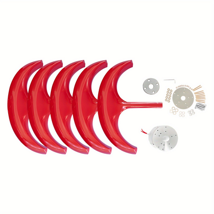 Red Vertical-Axis Wind Turbine Generator Kit with Curved Rotor Blades and Pictured Mounting Hardware