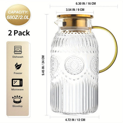 Embossed 68-Ounce Glass Pitcher with Golden-Tone Handle and Lid in One- or Two-Piece Packs
