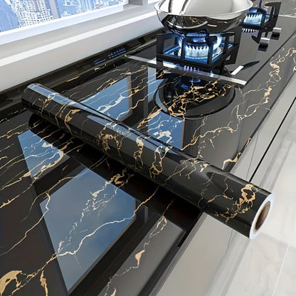 Black Marble Peel-and-Stick Contact Paper, 23.62 by 196.85 Inches, with Gold Vein Pattern for Furniture
