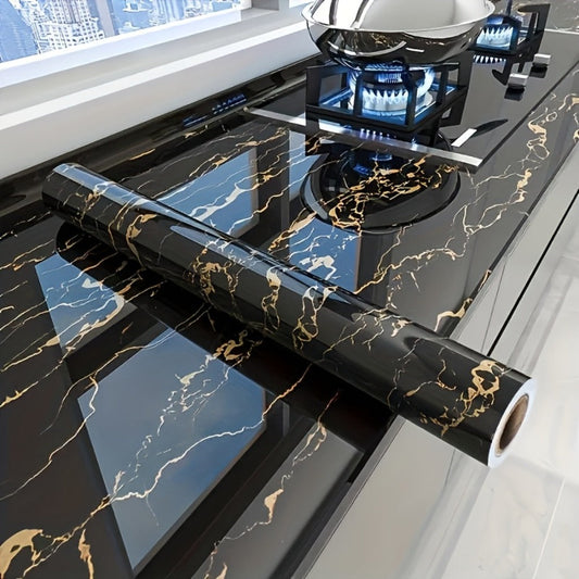 Black Marble Wallpaper Self-Adhesive Peel and Stick | Gold Vein Kitchen Backsplash Contact Paper | 23.62" x 196.85" Large Removable Wall Sticker for Modern Home Decor, Countertop & Furniture Wrap