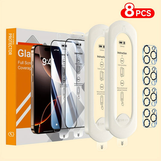 Screen Protector, 8-Piece iPhone Tempered Glass Set with Four Screen Films, Four Camera Lens Covers and Alignment Tools