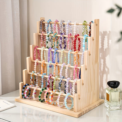 Jewelry Organizer 6-Tier Wooden Stepped Display Tower with Removable Bead Trays for Bracelets and Watches