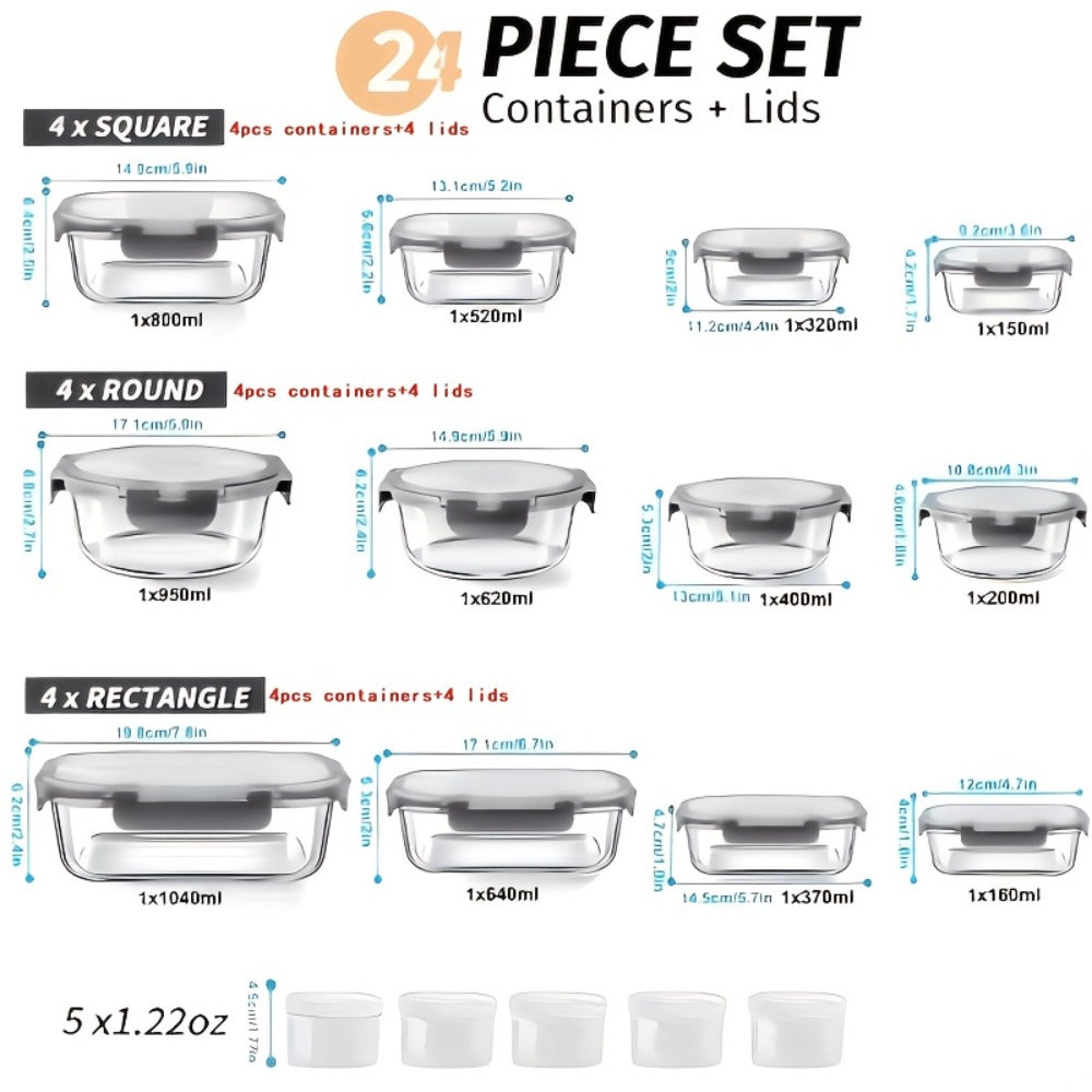 Glass Meal Prep Containers 24-Piece with Lids 12 Containers 12 Lids Leak-Proof Airtight Food Storage Microwave Oven Dishwasher Refrigerator Safe Bento Lunch Box Grey