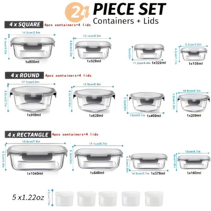 Glass Meal Prep Containers 24-Piece with Lids 12 Containers 12 Lids Leak-Proof Airtight Food Storage Microwave Oven Dishwasher Refrigerator Safe Bento Lunch Box Grey