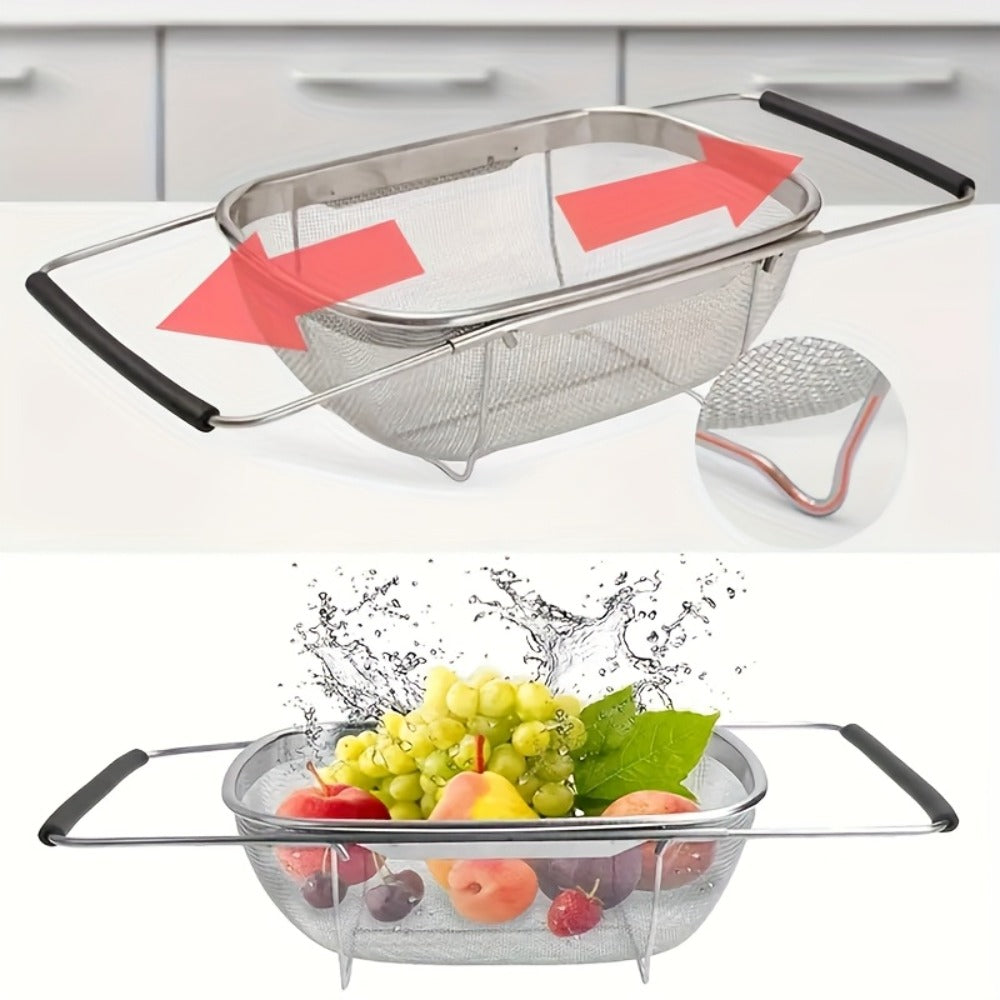Expandable Sink Colander Stainless Steel, Over the Sink Strainer Basket with Fine Mesh & Rubber Grip